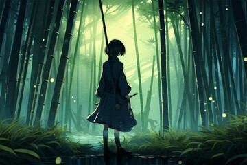 anime style background, a ninja girl is training in a bamboo forest