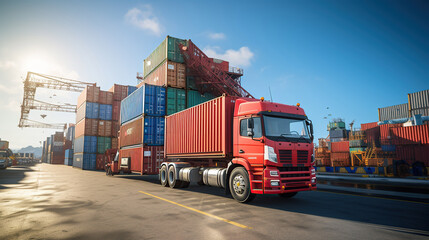 A truck is handling boxes in front of large containers and a crane.