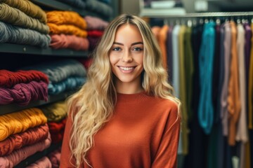 Obraz premium beautiful attractive smiling woman standing in clothes store holding shopping bags . AI Generated