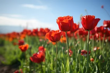 Fototapeten closeup of beautiful red tulips growing in a field © Alfazet Chronicles