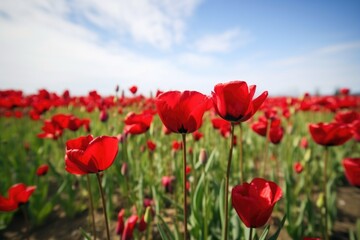 closeup of beautiful red tulips growing in a field