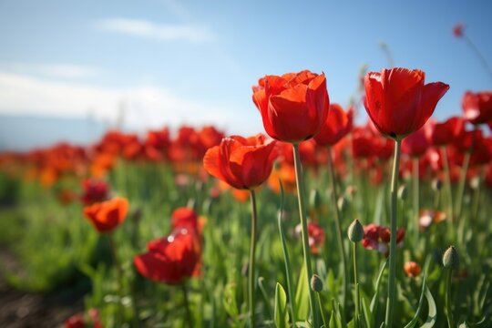 closeup of beautiful red tulips growing in a field