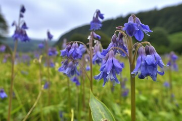 closeup of bluebell flowers growing in a field