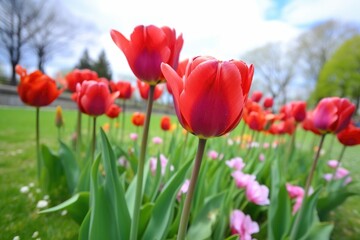 Obraz premium vibrant red tulips blooming in the springtime
