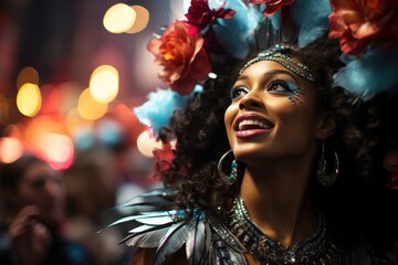 Obraz na płótnie Canvas Colorful dancers celebrate the carnival around a festive float., generative IA