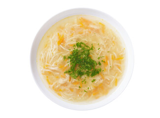 plate of noodle soup with chicken and parsley isolated on transparent background, top view