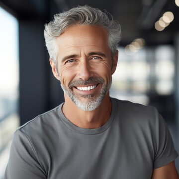 photo of middle aged man smiling dental or hair campaign adv