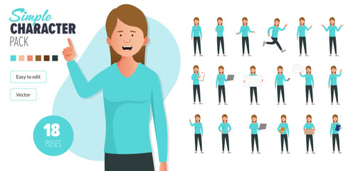Simple flat female vector character in a set of multiple poses. Easy to edit and isolated on a white background. Modern trendy style character mega pack with lots of poses. 