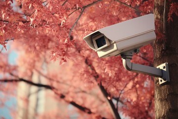 Home security camera with tree in the background. Generative AI