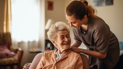 An elderly person happy to be cared for by a caregiver