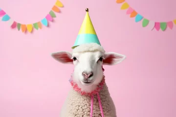 Fototapeten Funny Sheep: Bright Pastel Animal Illustration for Cards and Banners, Birthday Party Invitation, Advertisement © Philipp