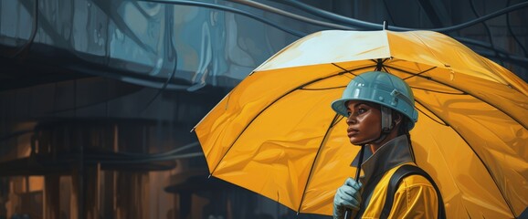 Worker with helmet holding an umbrella. Generative AI