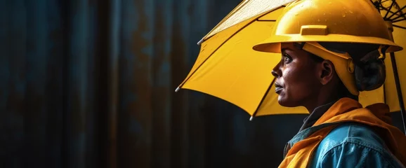 Fotobehang Worker with helmet holding an umbrella. Generative AI © Deivison
