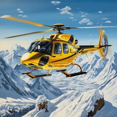 Fototapeta na wymiar Snowy landscape with yellow rescue helicopter. Generative AI