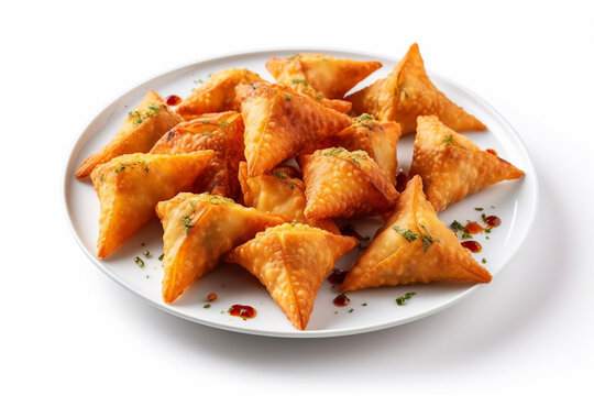 Indian snacks vegetable Samosas a spicy blend of vegetables wrapped in a deep fried triangular pastry parcel, fried Indian food . AI Generative