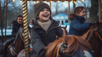 Fototapeta na wymiar A little girl riding a merry go round horse