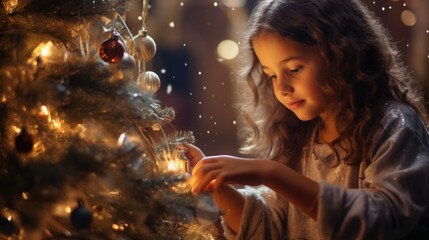 Obraz na płótnie Canvas A little girl is decorating a christmas tree