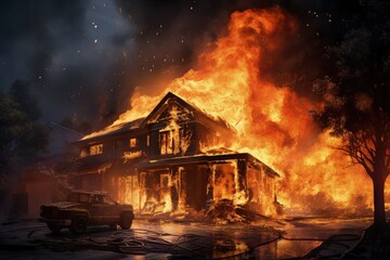 Illustration of a house on fire. Generative AI