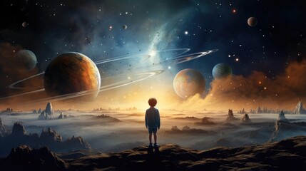A boy standing on a hill looking at planets
