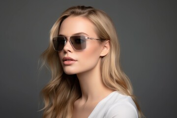 Naklejka premium shot of a beautiful young woman wearing sunglasses against a gray background