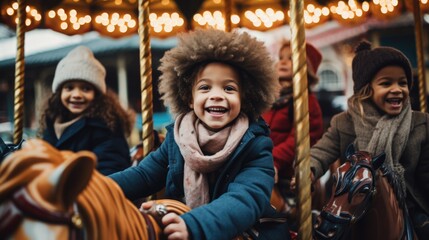 A group of young children riding on a carousel