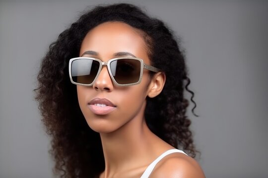 shot of a beautiful young woman wearing sunglasses against a gray background