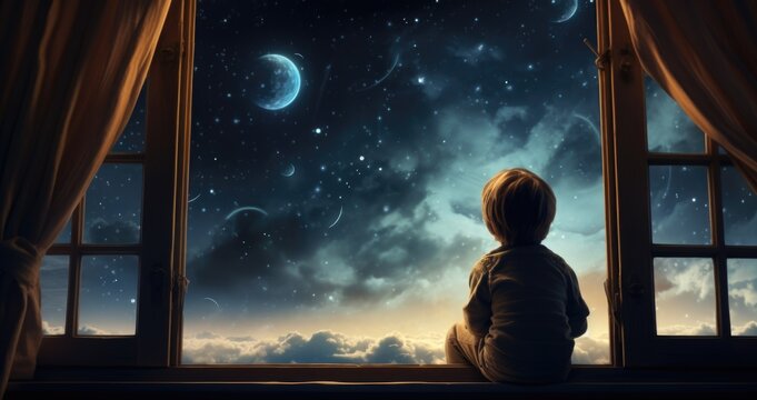 A child sitting on a window sill looking at the sky