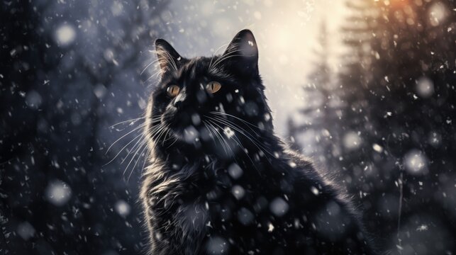 A black cat is sitting in the snow