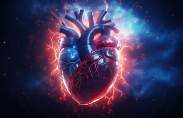 Illustration of a human heart, blue background. Generative AI