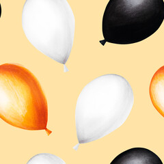 Watercolor Halloween seamless pattern with balloons illustration. Hand painting orange, black, white balloon sketch isolated on white background. For designers, decoration, shop, for p - obrazy, fototapety, plakaty