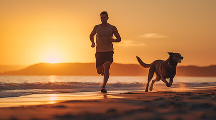 A man running with dog in a beach. 
