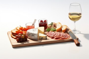 Cold cuts with cheese, salami, grapes and wine. Generative AI