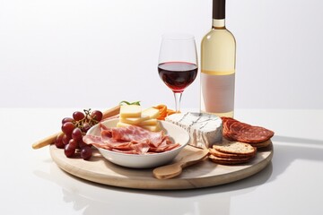 Cold cuts with cheese, salami, grapes and wine. Generative AI