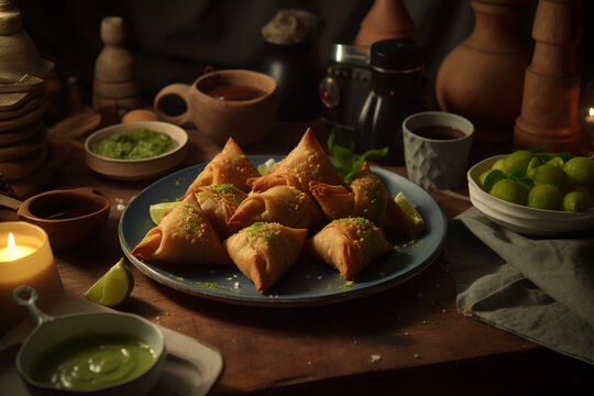 Indian snacks vegetable Samosas a spicy blend of vegetables wrapped in a deep fried triangular pastry parcel, fried Indian food . AI Generative