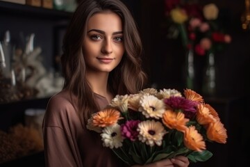a gorgeous young woman posing with a bunch of flowers