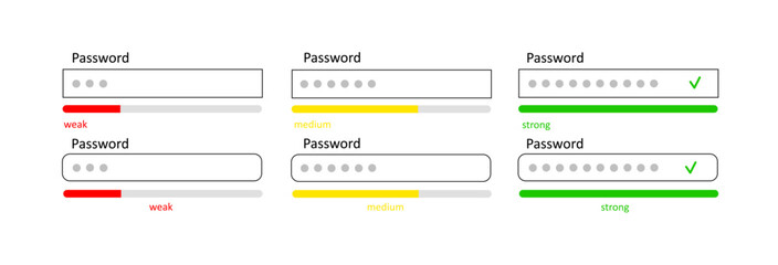 Login and password. A set of icons for entering the personal account of the site. Strong password, medium password, weak password. Registration and account access. Vector illustration.	