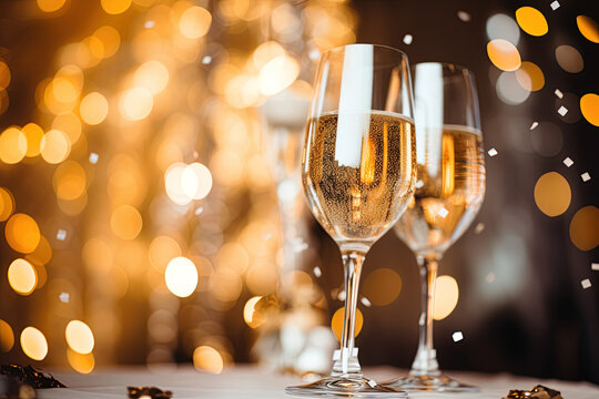 Champagne glasses on glistering Christmas bokeh background. Generative Ai