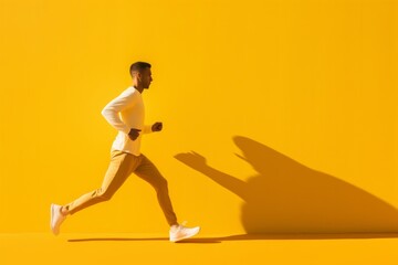 Fototapeta na wymiar A dynamic silhouette of a runner set against a vibrant yellow backdrop, illuminated by a bright sun, encapsulating the essence of everyday athleticism
