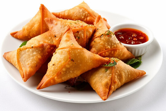 Indian snacks vegetable Samosas a spicy blend of vegetables wrapped in a deep fried triangular pastry parcel, fried Indian food . AI Generative