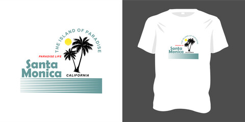 California Santa Monica beach island of paradise vector print design for t-shirts and others. Design illustration of palm trees and sun on the beach. Suitable for vacation clothes at sea