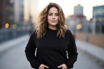 plus size woman on blurry city street background