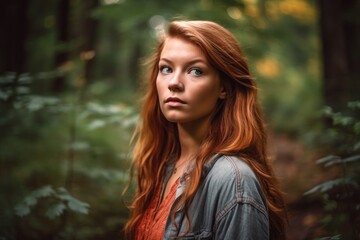 a beautiful young woman standing outside in a forest