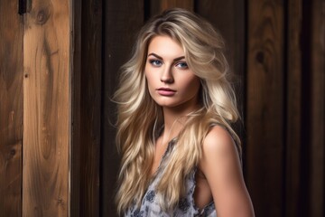 a gorgeous young blonde woman against a wooden background