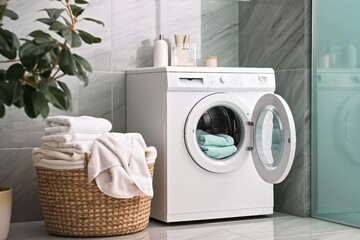 interior design, Modern washing machine with towels in bathroom. generative ai.