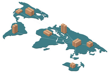Isometric map of the world. Blogs template import of goods from China.  illustration.