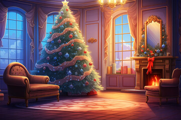 anime style background, a christmas tree in the living room - obrazy, fototapety, plakaty