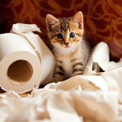 kitten sitting on the torn pieces of paper . AI Generated