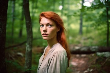Naklejka premium a young woman standing in a forest