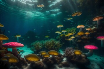 Naklejka na ściany i meble an image of an underwater scene where trees with giant colorful mushrooms replace coral reefs - AI Generative