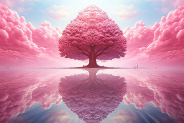 Pink fantasy landscape with tree reflection in lake water, generative ai